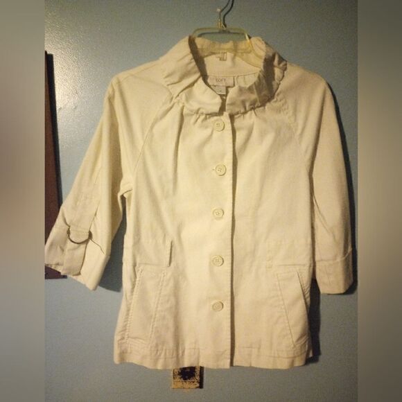 Loft ribbed high collar blazer/top half sleeve with buckle accent - Picture 3 of 11